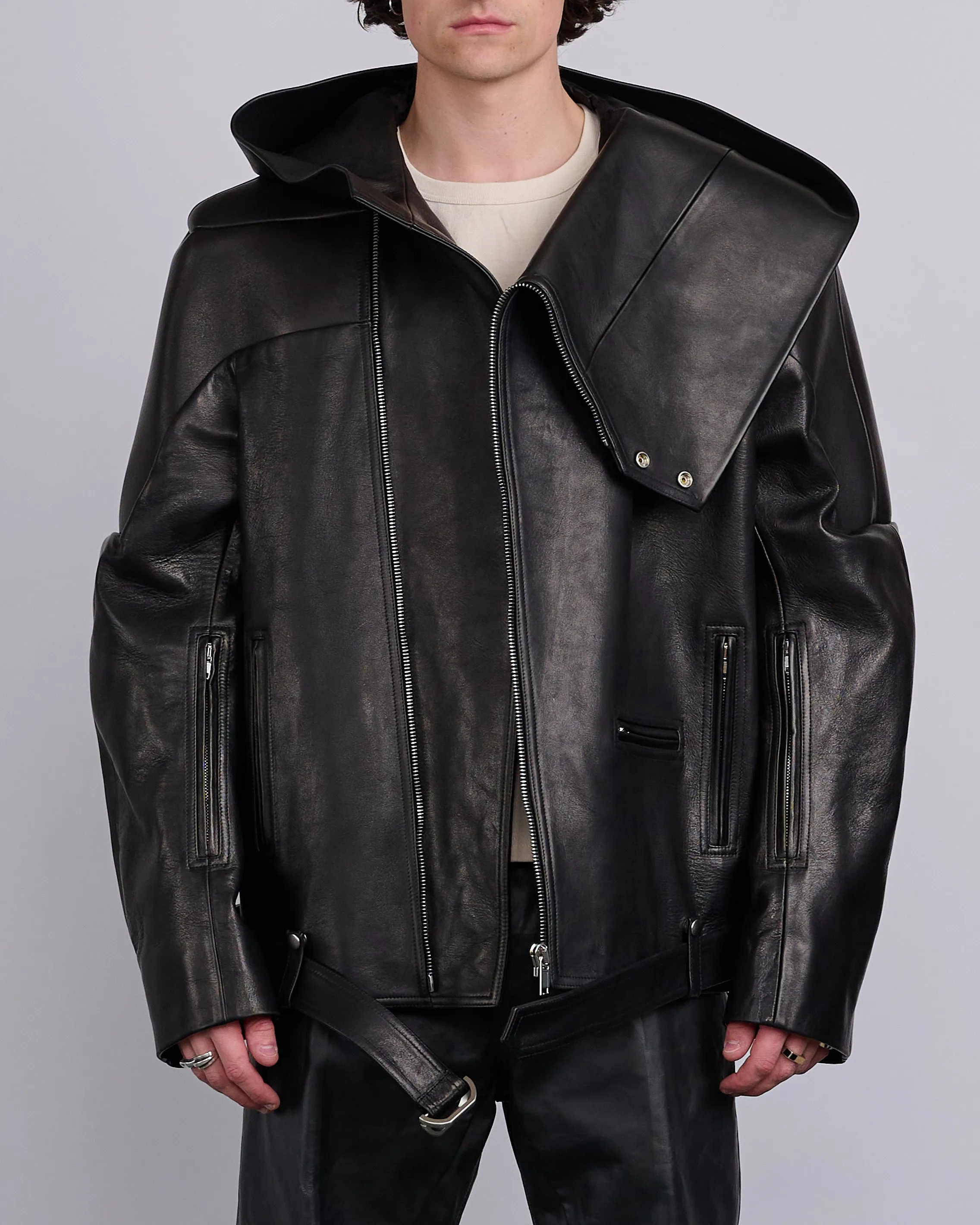 Rick Owens Runway Hooded Stooges Spalla Leather Black