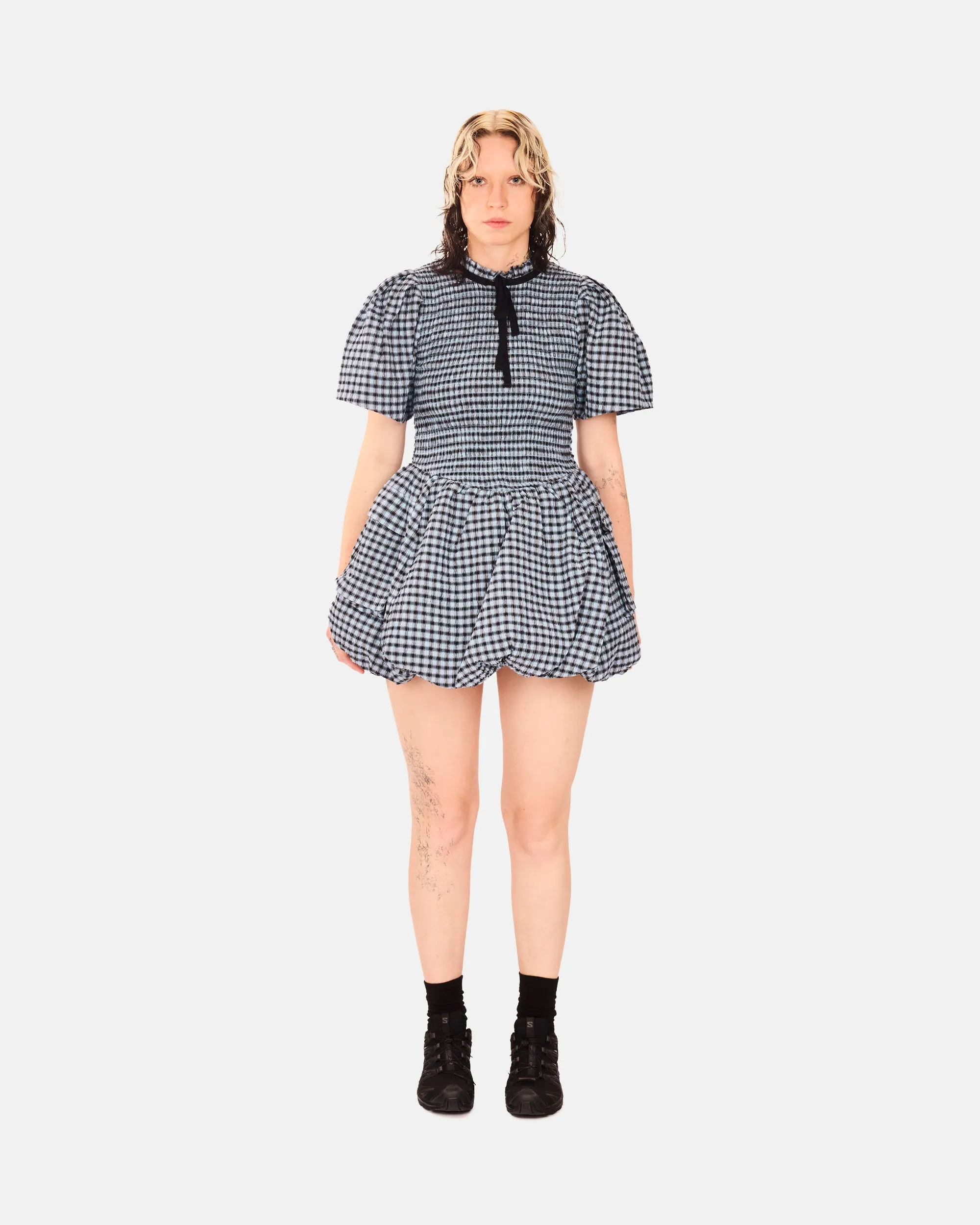 Seersucker Check Mini Smock Dress